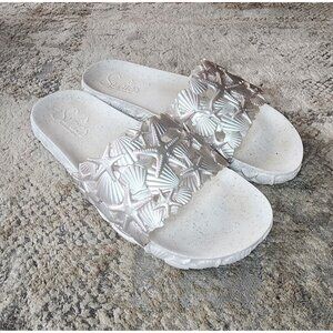 Sunies Hawaii 9.5 White Pearl Sandals Hibiscus Flower Slides Brazil Water Shoes